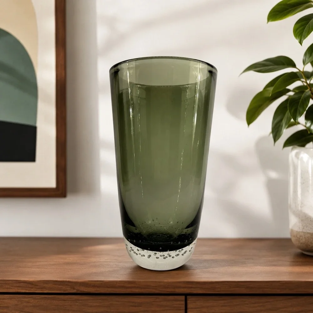 Attributed Carl Erickson Studio Art Glass Olive Green Bubble Cylinder Vase